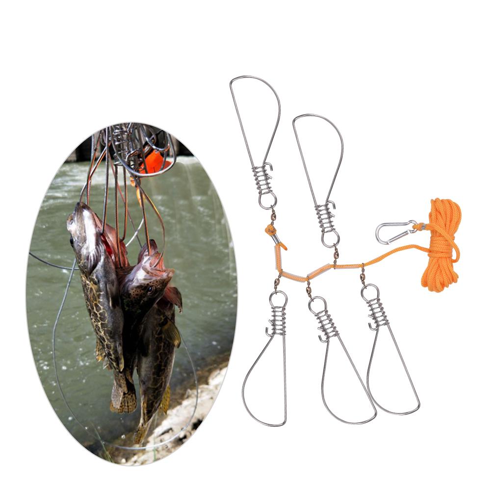 Edelstahl Hochleistungs-Fischfang-Stringer mit 5 Verschlusskarabinern Nylonschnüre Schwimmer