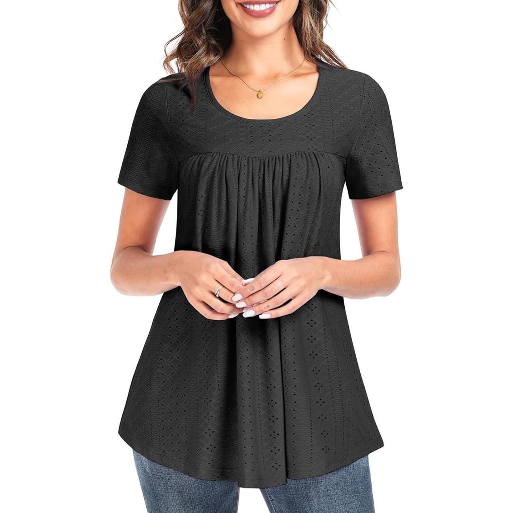 Women Casual Hollow Out Short Sleeve T Shirt Round Neck Loose Fit Lightweight Breathable Summer Top