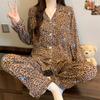 Popular Cartoon Leopard Print Wrinkled Cloth Pajamas Women's Spring and Autumn Maillard Long-sleeved Trousers Loungewear Set