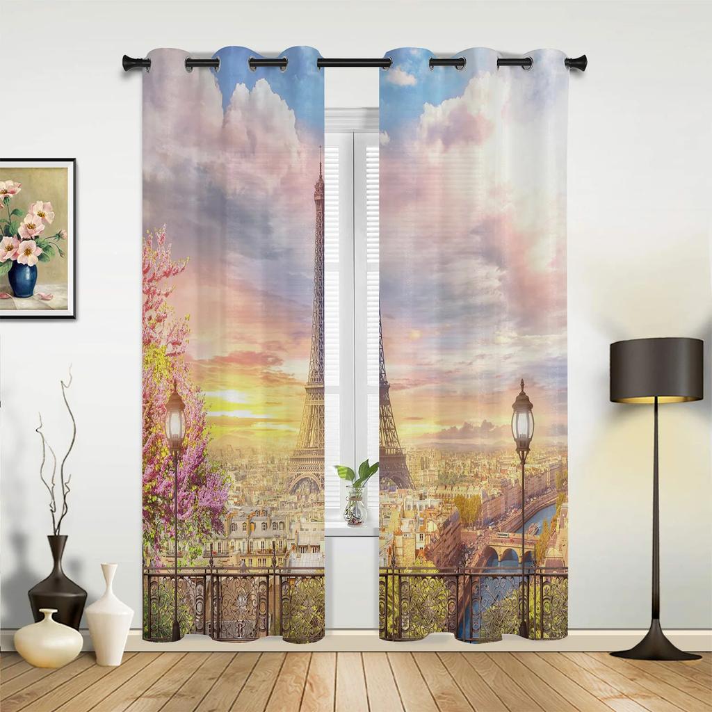 France Paris Tower  Air Balloon Retro Curtains for Bedroom Living Room Drapes Kitchen Children Window Curtain Home Decor
