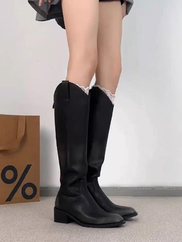 Long boots Women's British style round head V mouth thin versatile thick heel high tube but knee knight boots fashion versatile boots