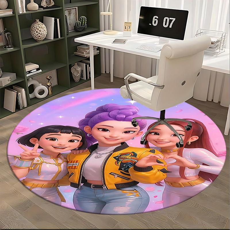 1pc Anime Design Round Carpet - Office Chair Mat with Heart-Shaped Hand Gesture and Floral Print, Suitable for Home Decor, Gaming Room