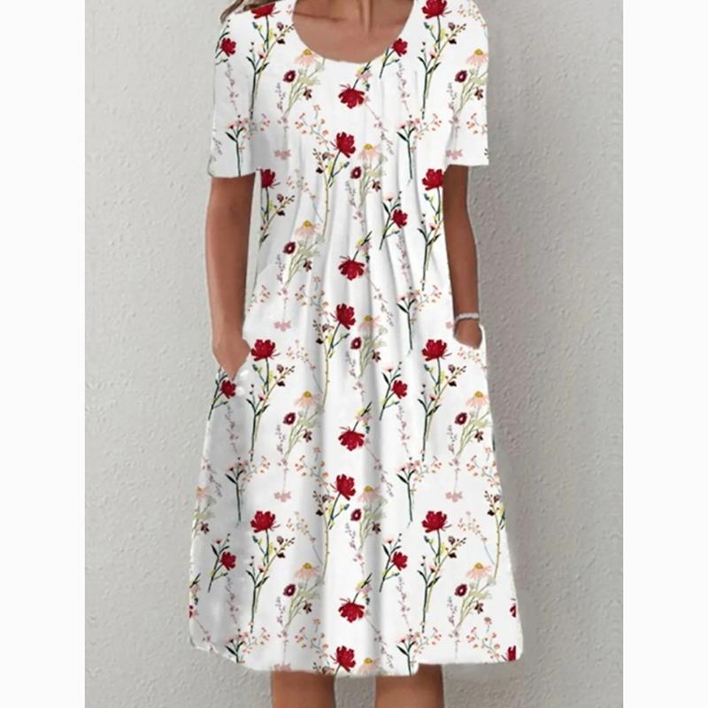 Spring Summer Floral Print Plus Size Casual Dress for Women Elegant A Line Loose Long Dress Female Pocket Round Neck Dresses 24063