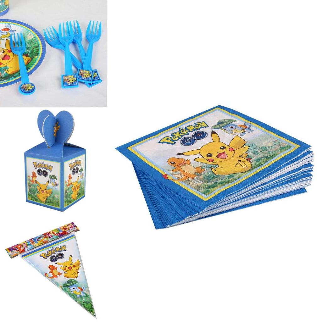 Pokmon Pikachu Complete Party Set With Paper Banners Plates Hats For Kids Birthday Decorations