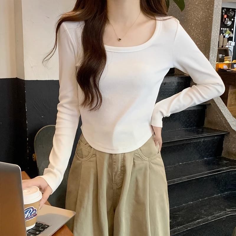 

Белая облегающая футболка для женщин с длинными рукавами, осенний неровный низ, обтягивающая базовая футболка для горячей девушки, маленький топ XL