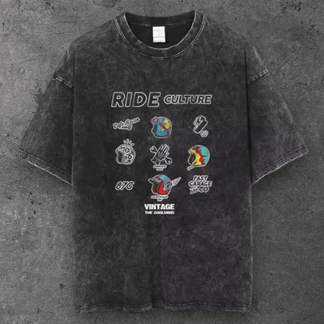 Mens Ride Culture Cotton T Shirt Acid Washed Black Y2K Streetwear S-3XL S разноцветный