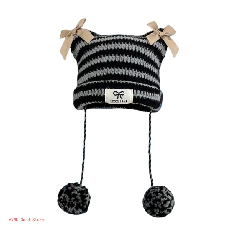 

Crocheted Skull Hat for Halloween Activity Knitted Hat with Bows Hat Pullover Cosplay Hat Devil Skull Caps 2000s