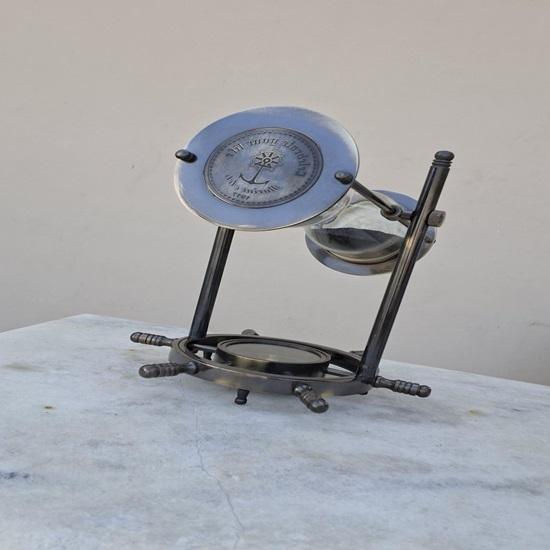 Brass Hourglass Sand Timer Hanging Nautical Timer with Compass Wheel Base