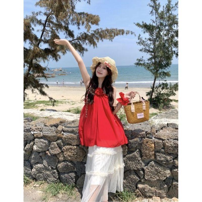 Kumikumi Idle Style Set Red Halter Top Women Summer High Waist Slimming Versatile Skirt Two-piece Set