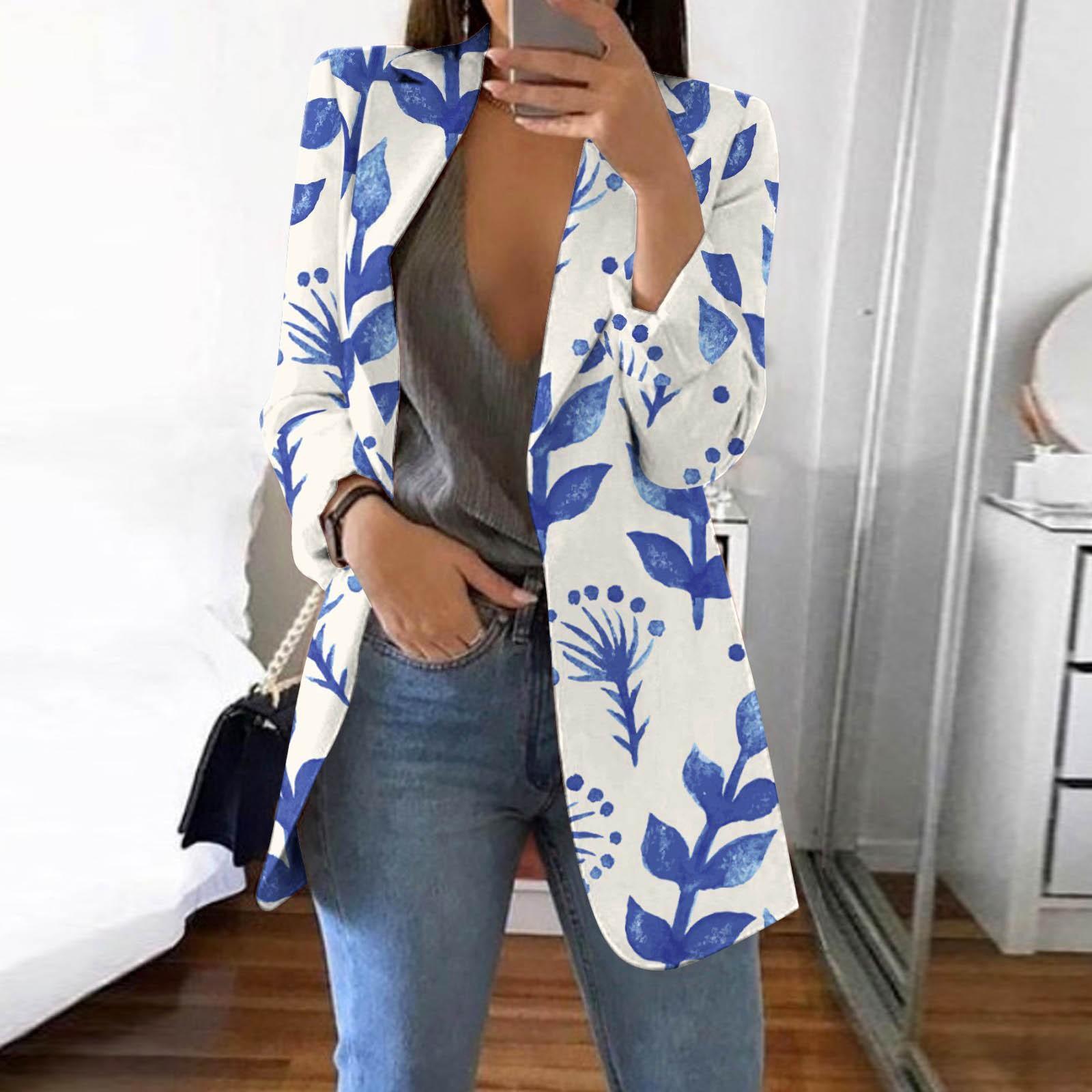 

Женская повседневная модная куртка с длинными рукавами и лацканами с принтом, приталенная маленькая куртка на пуговицах M синий