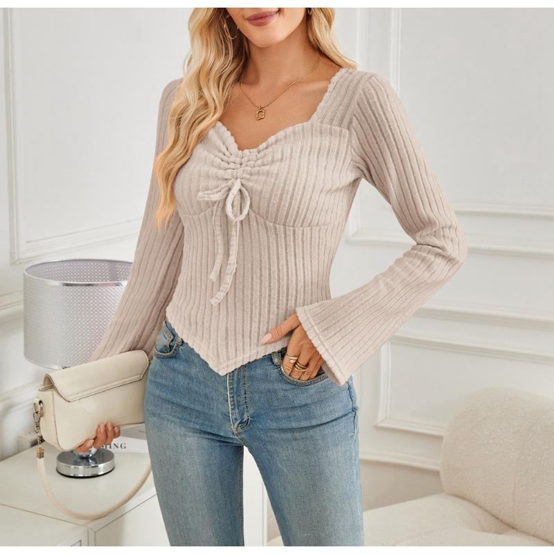 

Осенний женский топ больших размеров с расклешенными рукавами, V-образным вырезом, завязками на длинные рукава и полосками XXL абрикосовый