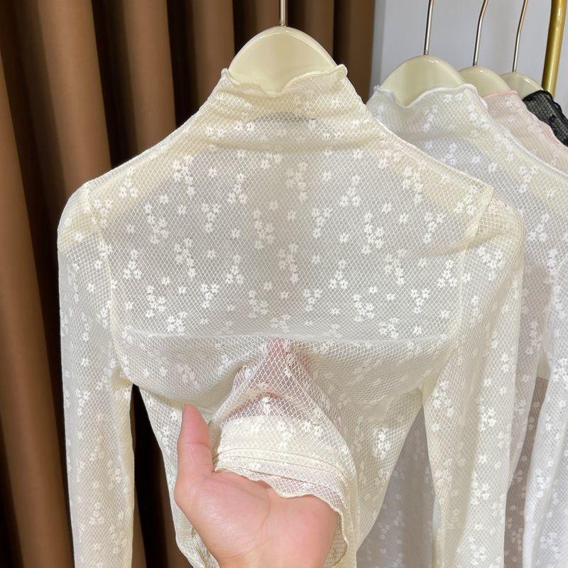 Women's Elegant Turtleneck Sheer Mesh Top with Floral Print Long Sleeve Slim Blouse