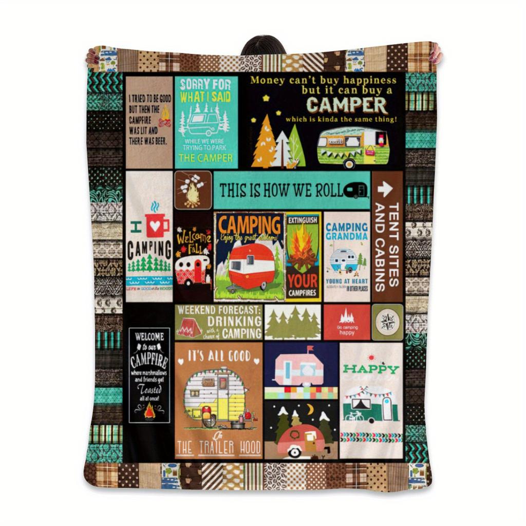 Happy Camper Outdoor Blanket, Soft Warm Throw for Sofa Couch Bed Chair Travel, Camping Essential Cozy Gift