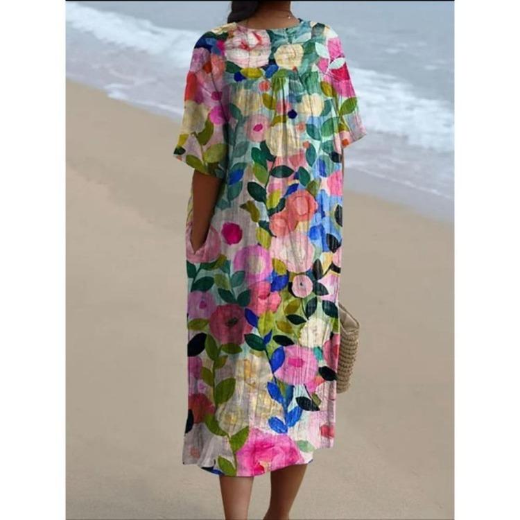 Women Floral Print Maxi Dress Colorful V Neck Short Sleeve Loose Casual Summer Beach Dress Vacation Workout Wear