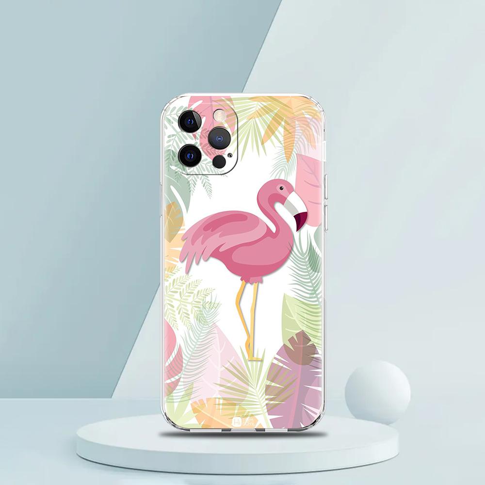 For iPhone 15 16 14 13 12 mini 11 Pro Max XS X XR SE 7 8 Plus Silicone Clear Cover lovely Pink Flamingos leaf Phone Case
