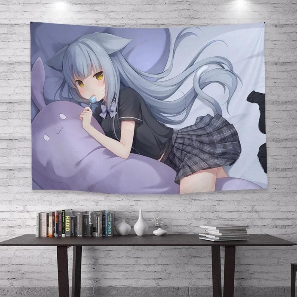 Kawaii Anime Girl Peeking Tapestry Light Blue Wall Hanging with Cute Chibi Cat Ideal for Pastel Otaku Bedroom Decor