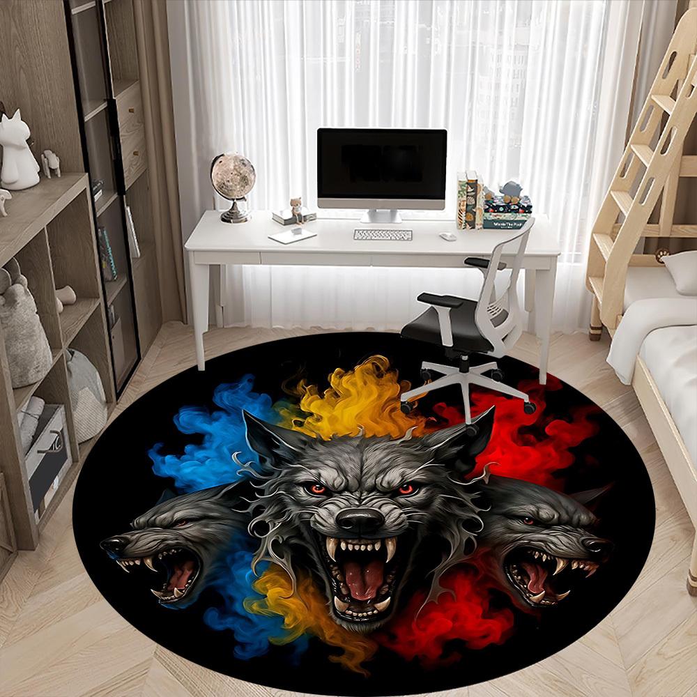 1pc Wolf Head Chair Carpet for Office, Round Polyester Mat, Indoor Decor for Office, Easycare Fabric, Washable Non-slip Area Carpet