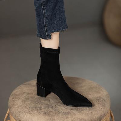 Thick Heel Short Boots Skinny Boots High Heels Season Suede Boots Pointed Socks Boots Stretch Boots