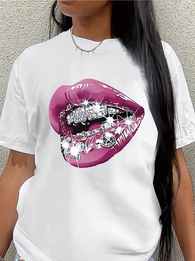 Unisex Sparkle Diamond Grillz Lips Graphic Tshirt Hip Hop Bling Print Short Sleeve Casual Streetwear Tee Unisex Unisex