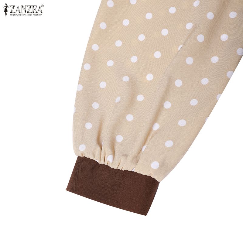 ZANZEA Women Muslim Casual Polak Dot Print Splice Long Sleeve Loose Dress