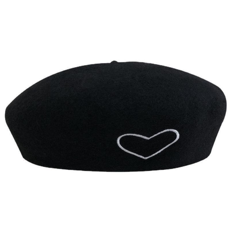 Love Embroidered Tweed Beret Hat Female Autumn And Winter Korean Version Retro Painter Hat