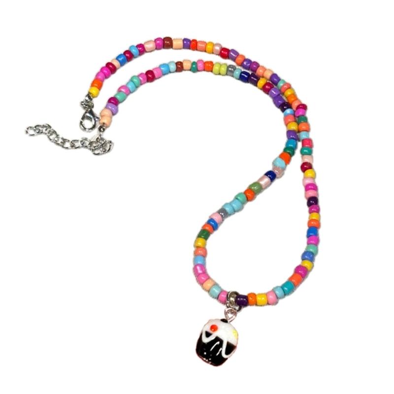 

Colorful Beaded Cute Cake Pendant Choker Resin Necklace Ajdustable Clavicle Chain for Women Girls Handmade Jewelry