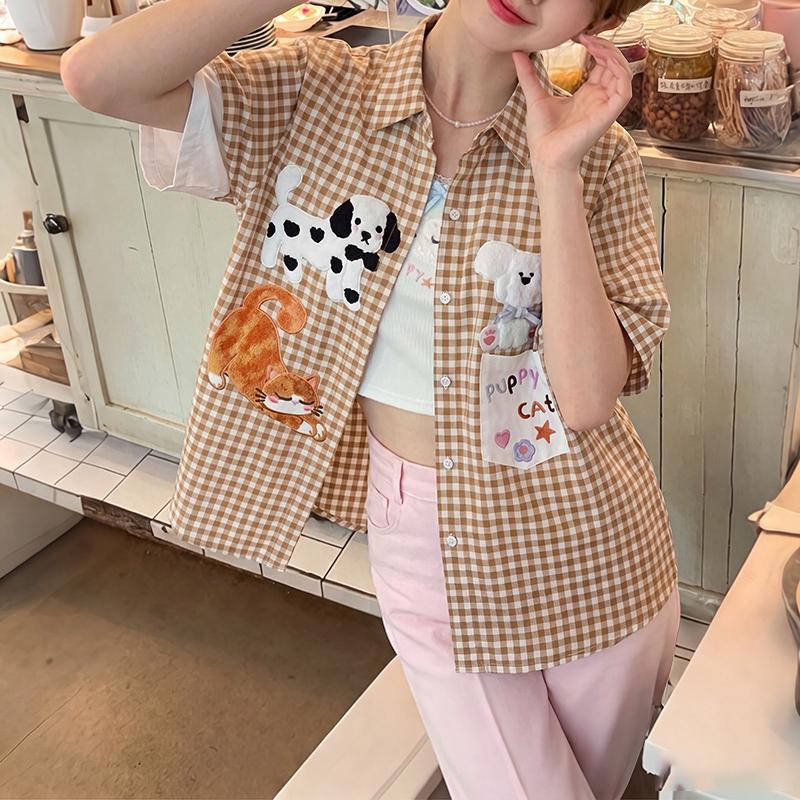 ZANZEA Women Casual Turn Down Collar Loose Short Sleeve Grid Print Blouse