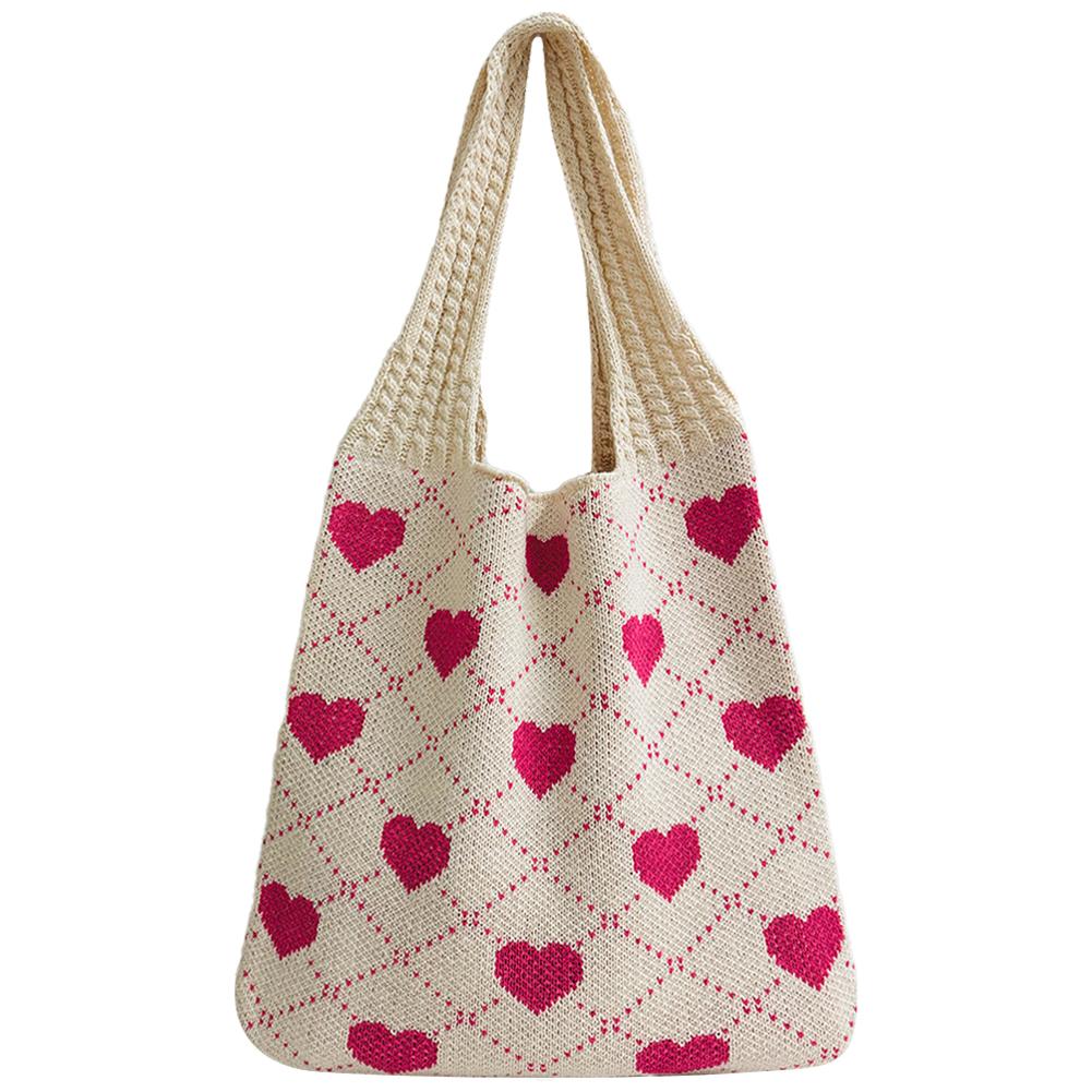 Crochet Tote Bag for Women Heart Pattern Summer Beach Bag Large Capacity Handbag for Vacation Travel