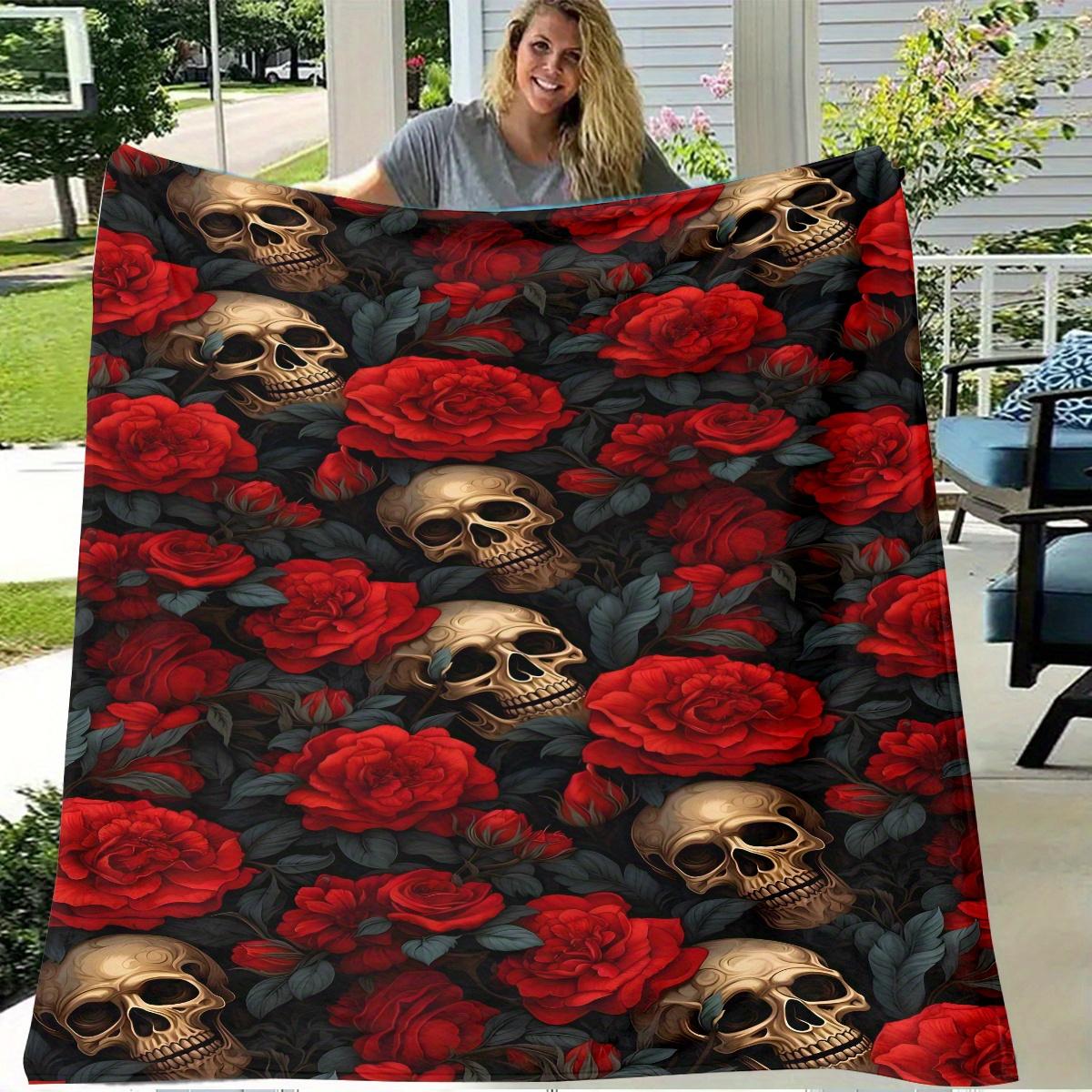 

Skull and Rose Flannel Blanket, Gothic Floral Print Throw, Soft Warm Nap Blanket for Sofa Office, All Season Dark Romance Gift 75x90cm