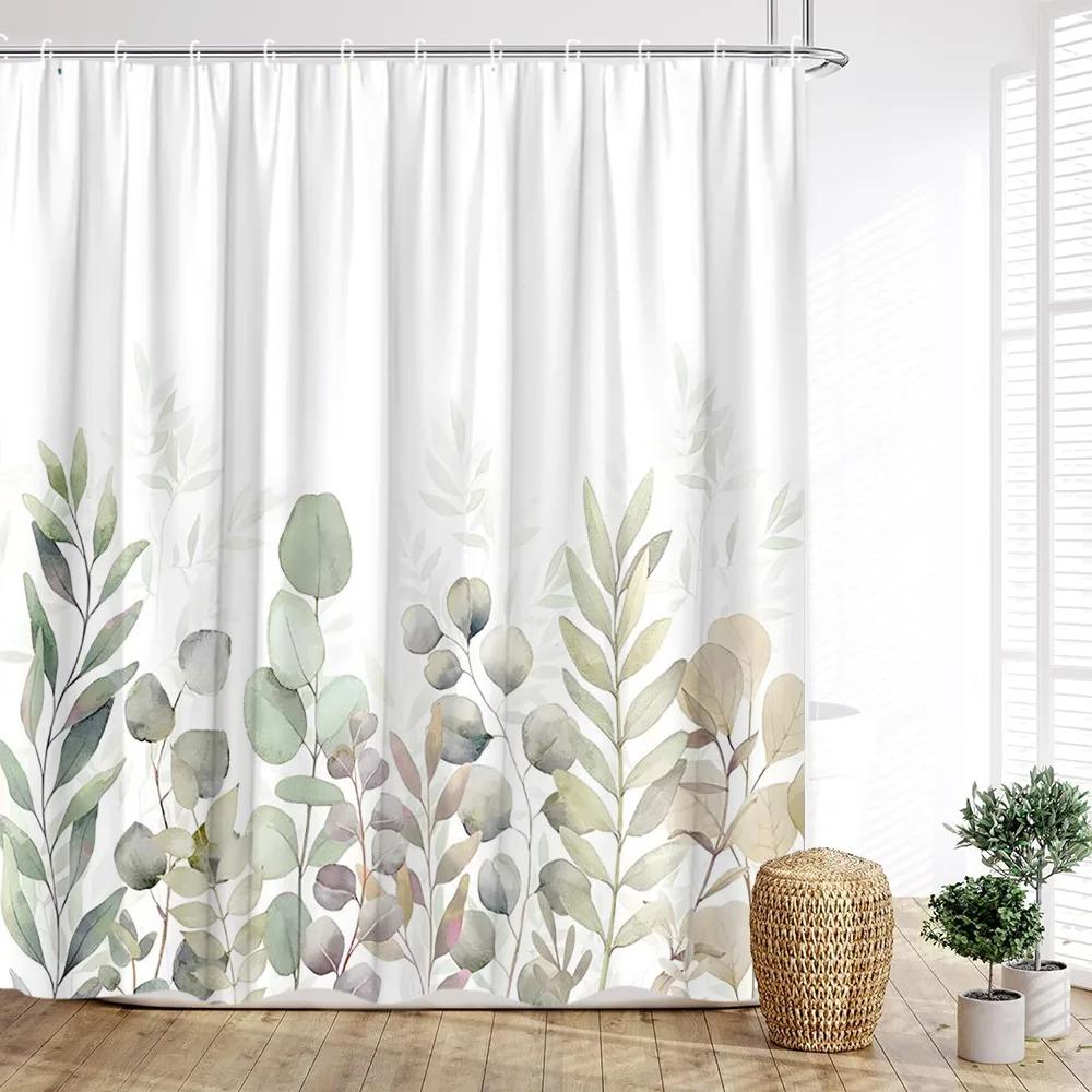 Sage Green Eucalyptus Shower Curtain, Watercolor Plant Floral Eucalyptus Leaves Fabric Shower Curtains Spring Bathroom Decor Set