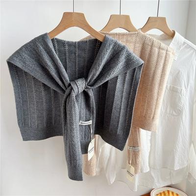 Korean Plain Basic Hollow Out Knitted Warm Shawl Winter Female Blouse Shoulders Fake Collar Cape Knotted Scarf Stripe Outerwear