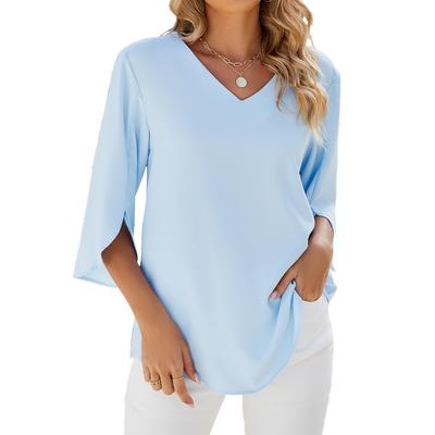 T-shirt Estiva da Donna Nuova Tinta Unita Larga Manica Corta Scollo a V Manica Media Top