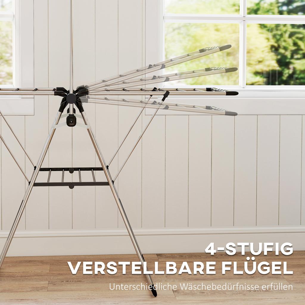 Foldable Clothes Airer, Standing Dryer with Adjustable Wings and Shoe Holders. Stainless Steel. 156.5 x 68 x 192 cm. Silver