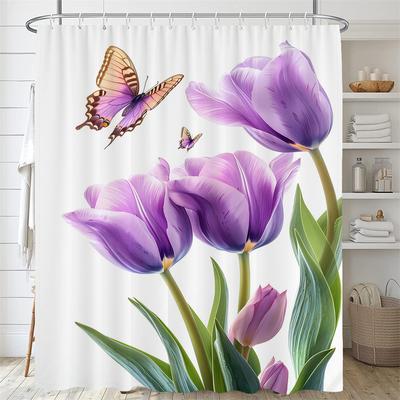 Floral Shower Curtain Watercolor Tulip Print Shower Curtain with Hooks, Waterproof Shower Curtain, Shower Curtains for Bathroom