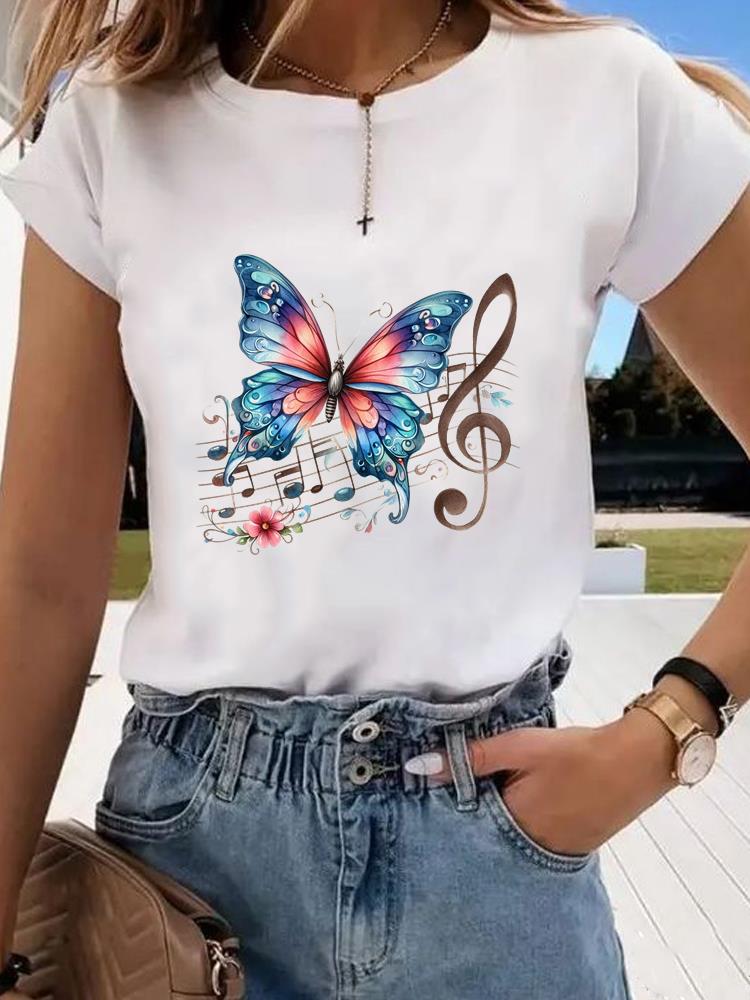 (Asian Size)  trend butterfly flower cute Graphic Tee Fashion T Clothing Women's Top  Print Female Casual  Short Sleeve T-shirts