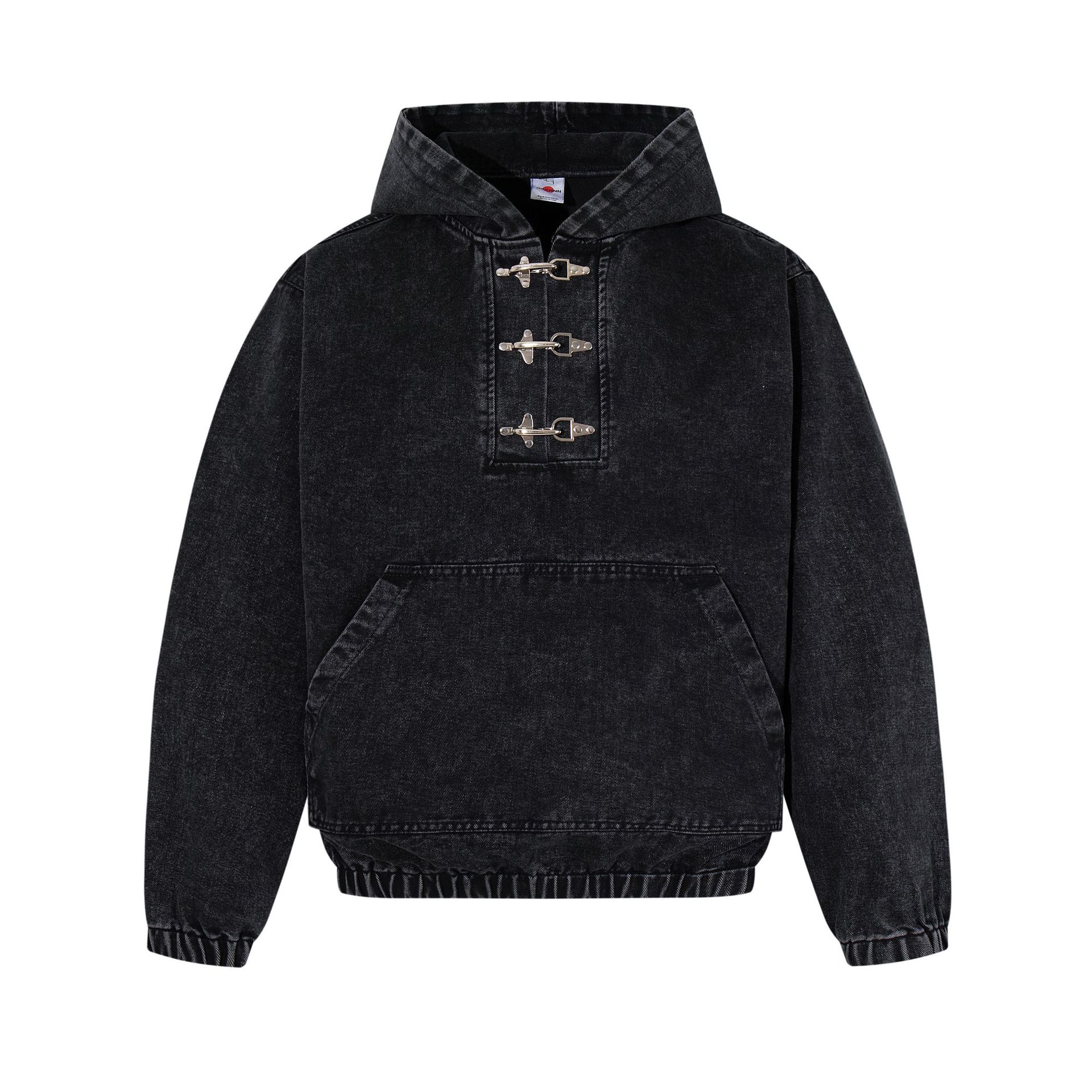 American trendy brand retro heavy wash denim jacket aircraft buckle sweater hooded jacket M