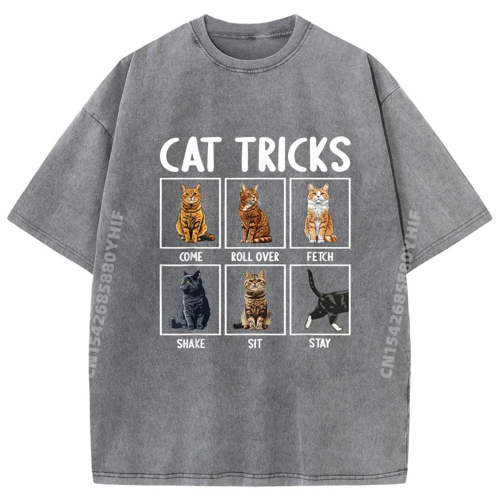 Cats Funny Cat Tricks Graphic T Shirts High Quality Adult Clothes Retro Washed Tops Tees Memorial Day