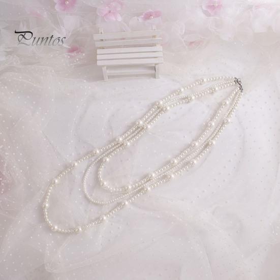French Style Retro Faux Pearls Necklace Women Long White Three Layered Faux Pearls Luxury Sweater Necklace Jewelry Gift