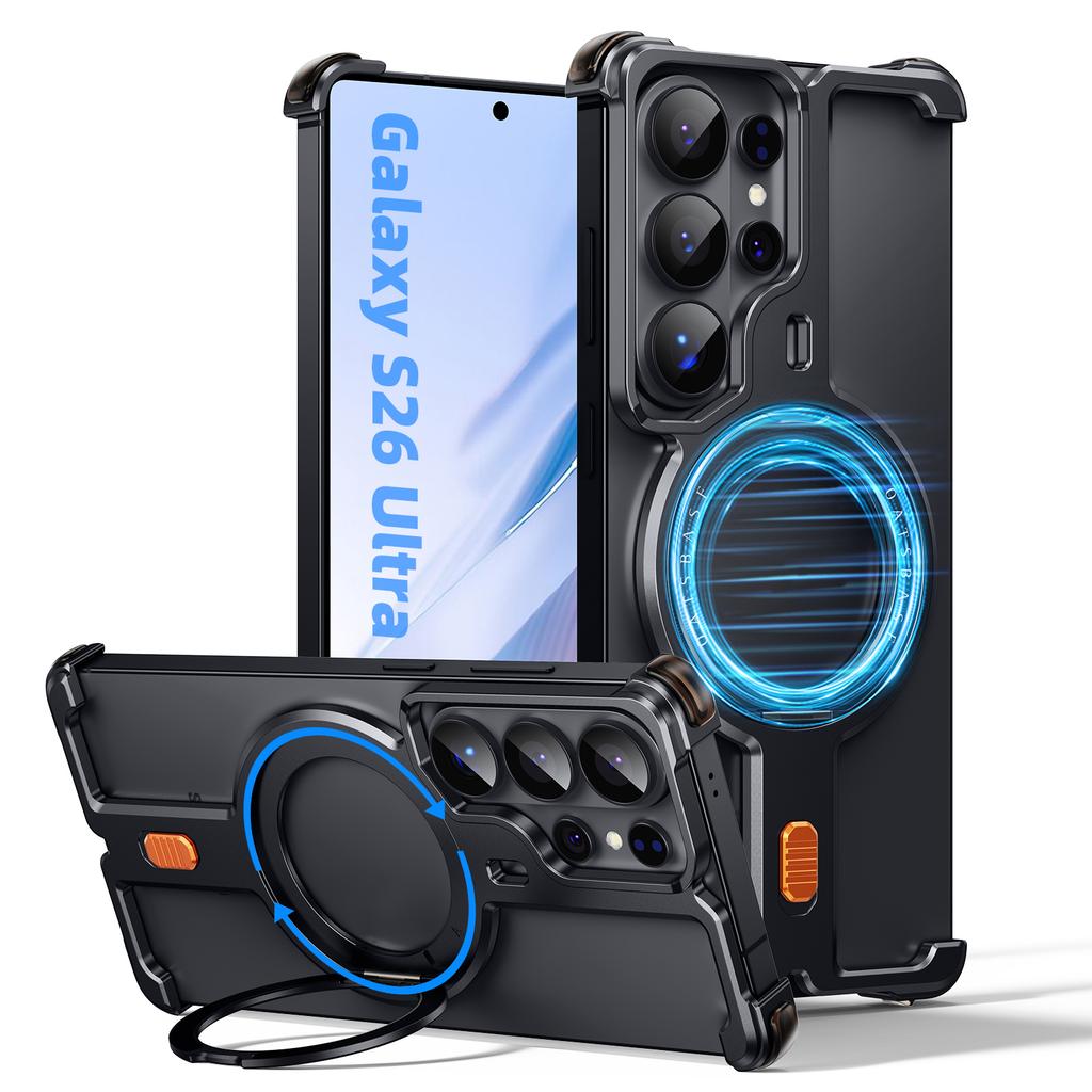 Oatsbasf Magnetic Frameless Slim Phone Case for Samsung Galaxy S26 Ultra Stand Phone Back Cover with 360° Rotatable Kickstand