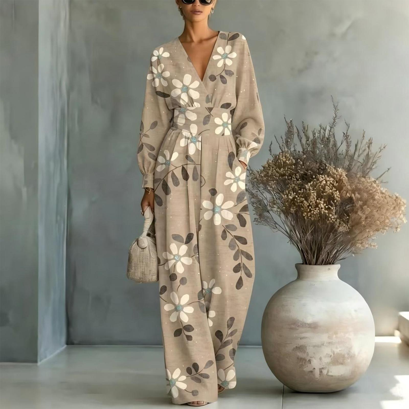 Elegante Damen-Jumpsuit mit V-Ausschnitt, tailliert und bedruckt, für Abendgarderobe XL braun