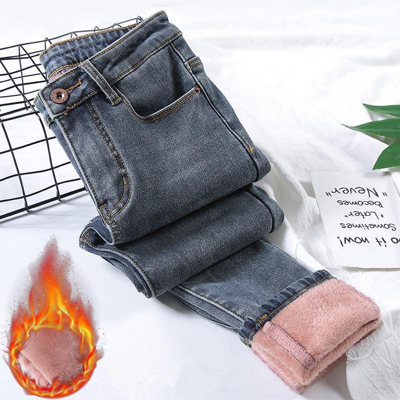 Women's High-Waist Fleece-Lined Slim Jeans - Warm, Stretchy, and Thick for Autumn/Winter