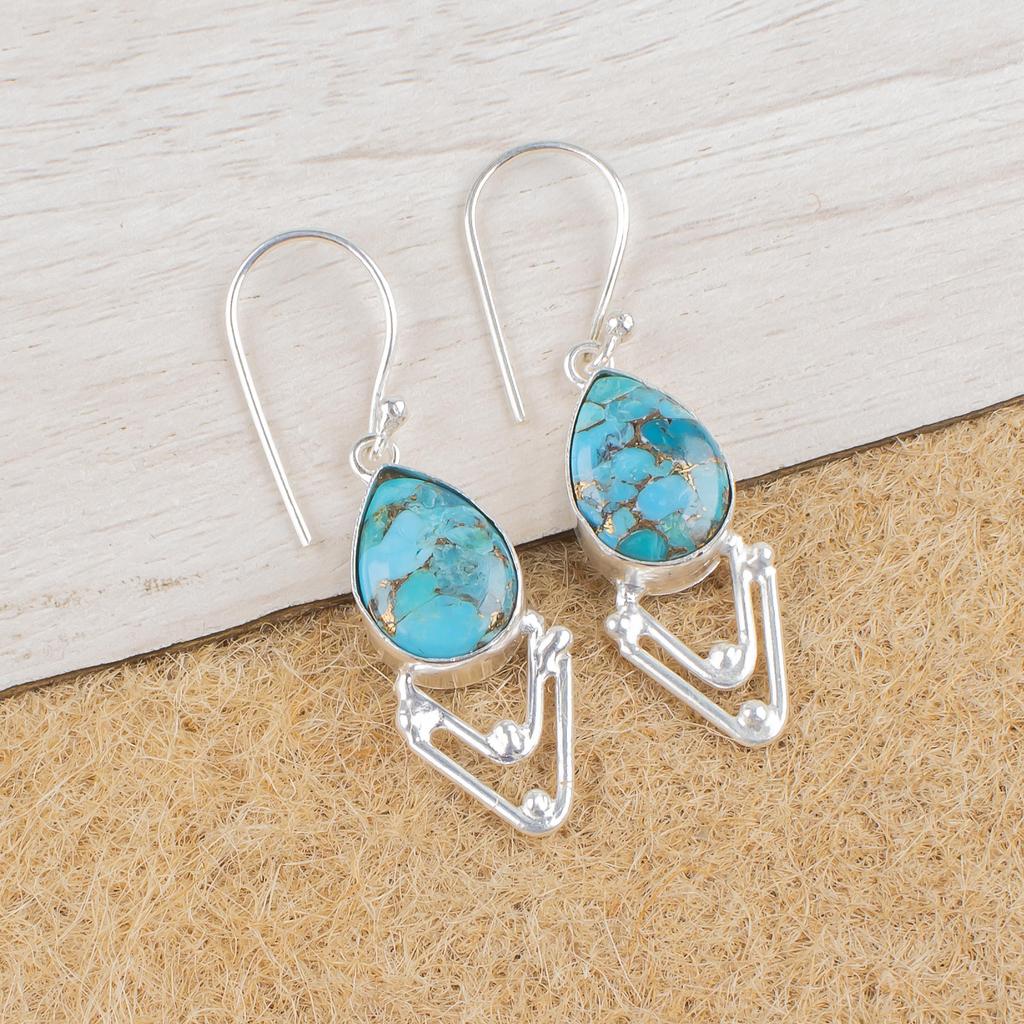 Blaue Kupfer Türkis Handgemachte Edelstein Ohrringe, 925 Sterling Silber Ohrringe Antiker Schmuck, Für Verlobungsgeschenk