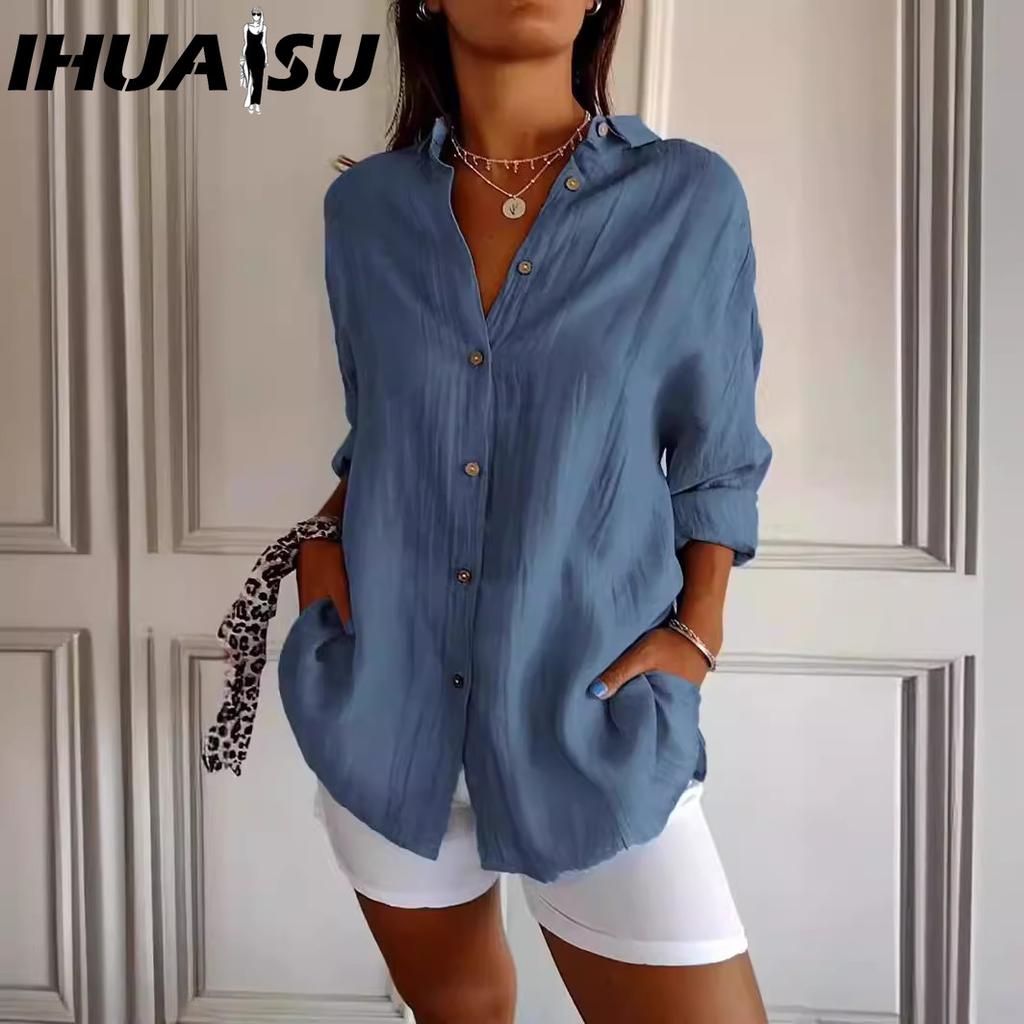 IHUASU Single Breasted Pleated Lapel Shirt Women's Solid Color Pull-up Sleeve Top