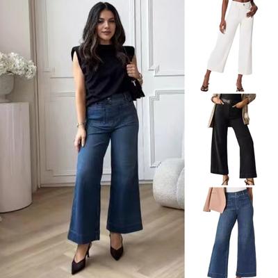 Women Ninth Pants Jeans with Pockets High Waist Straight Pants Solid Color