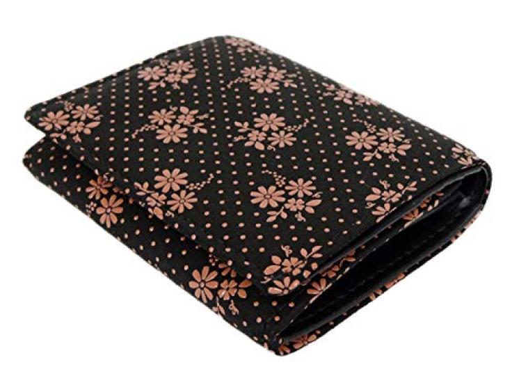 Indenya Inden Bifold Wallet with H-shaped Bill Compartment and Box-Shaped Coin Purse, Deerskin Leather, Black with Pink Lacquer, Cosmos Pattern,