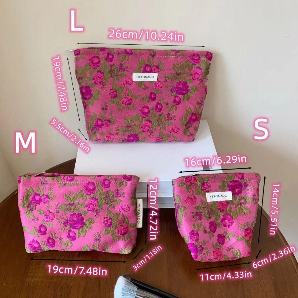 Polyester Canvas Flower Clutch Bag Flower Pattern Zipper Closure Cosmetic Storage Pouch Large Capacity Portable Makeup Bag