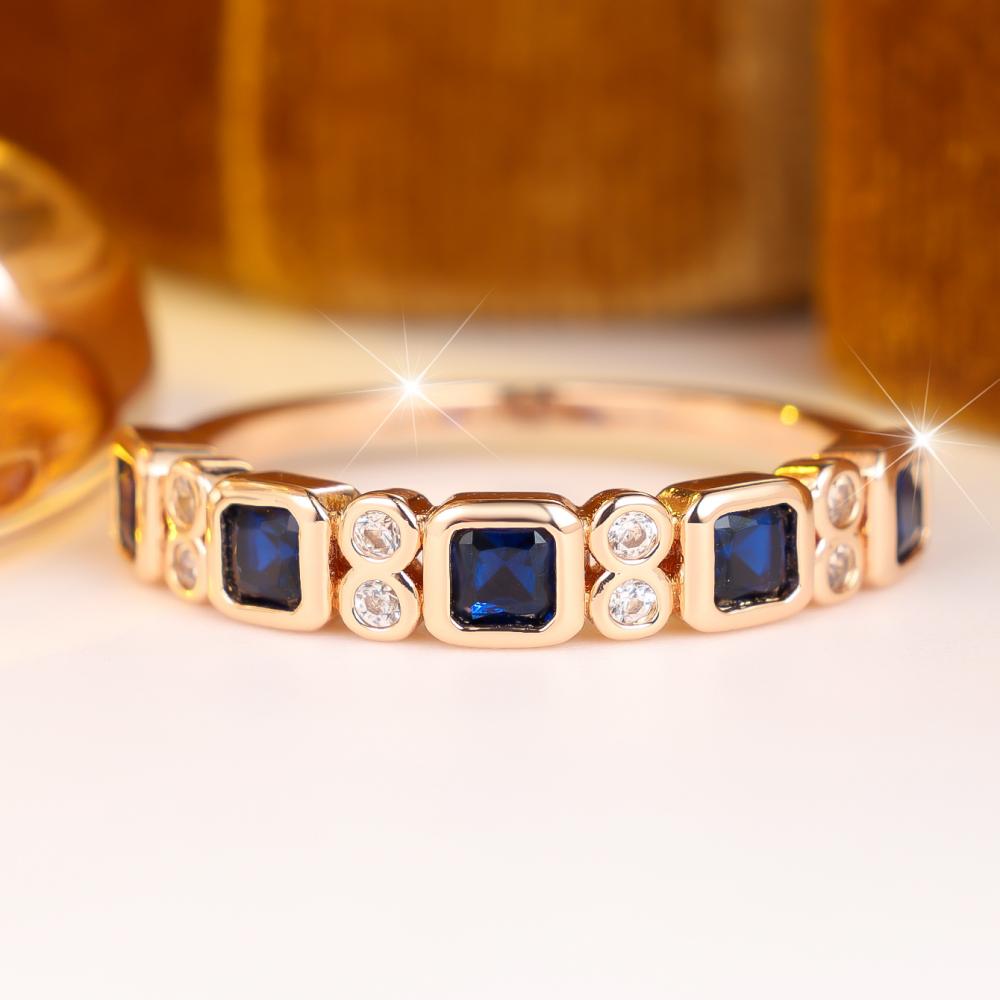 Luxurious Gold Color Blue Zircon Geometric Ring for Women Wedding Anniversary