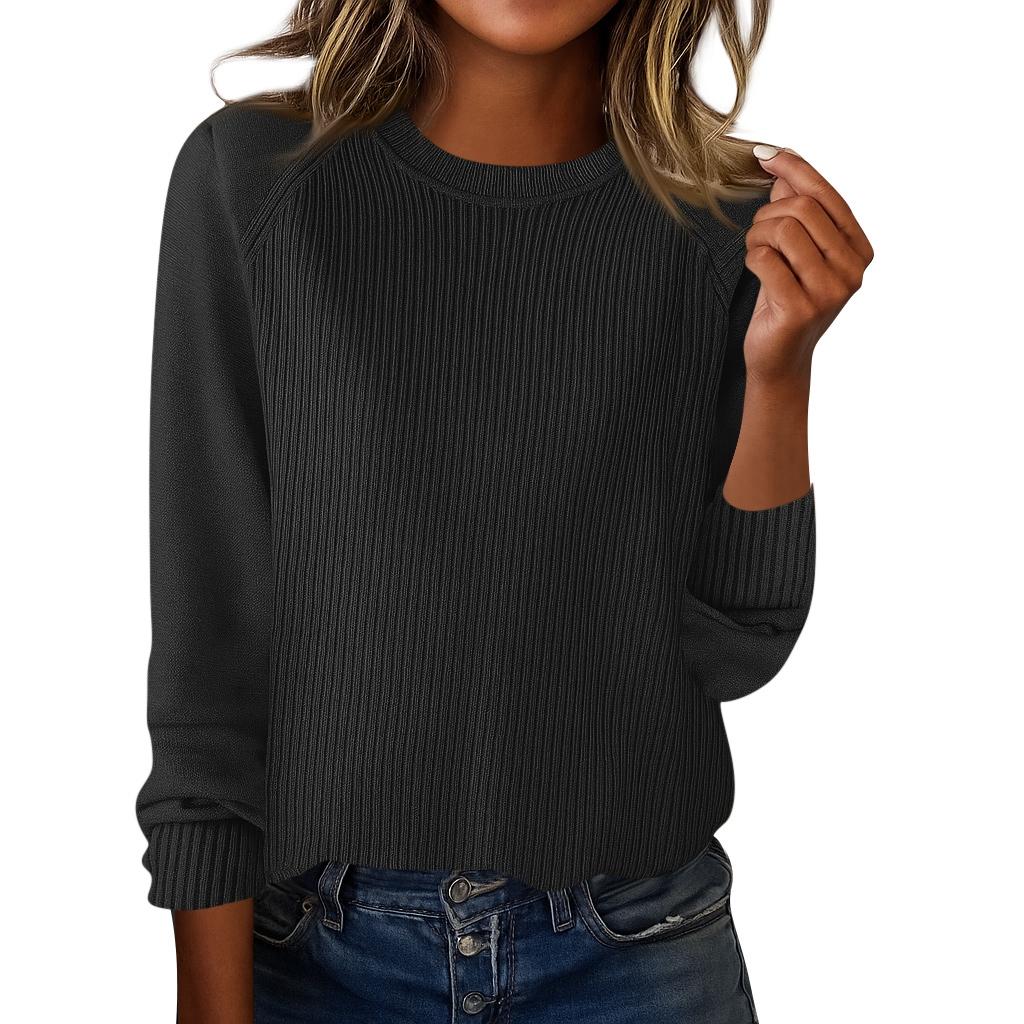 Women's Fashion Casual Solid Color Round Neck Split Hem Raglan Sleeve Long Sleeve Sweater Top