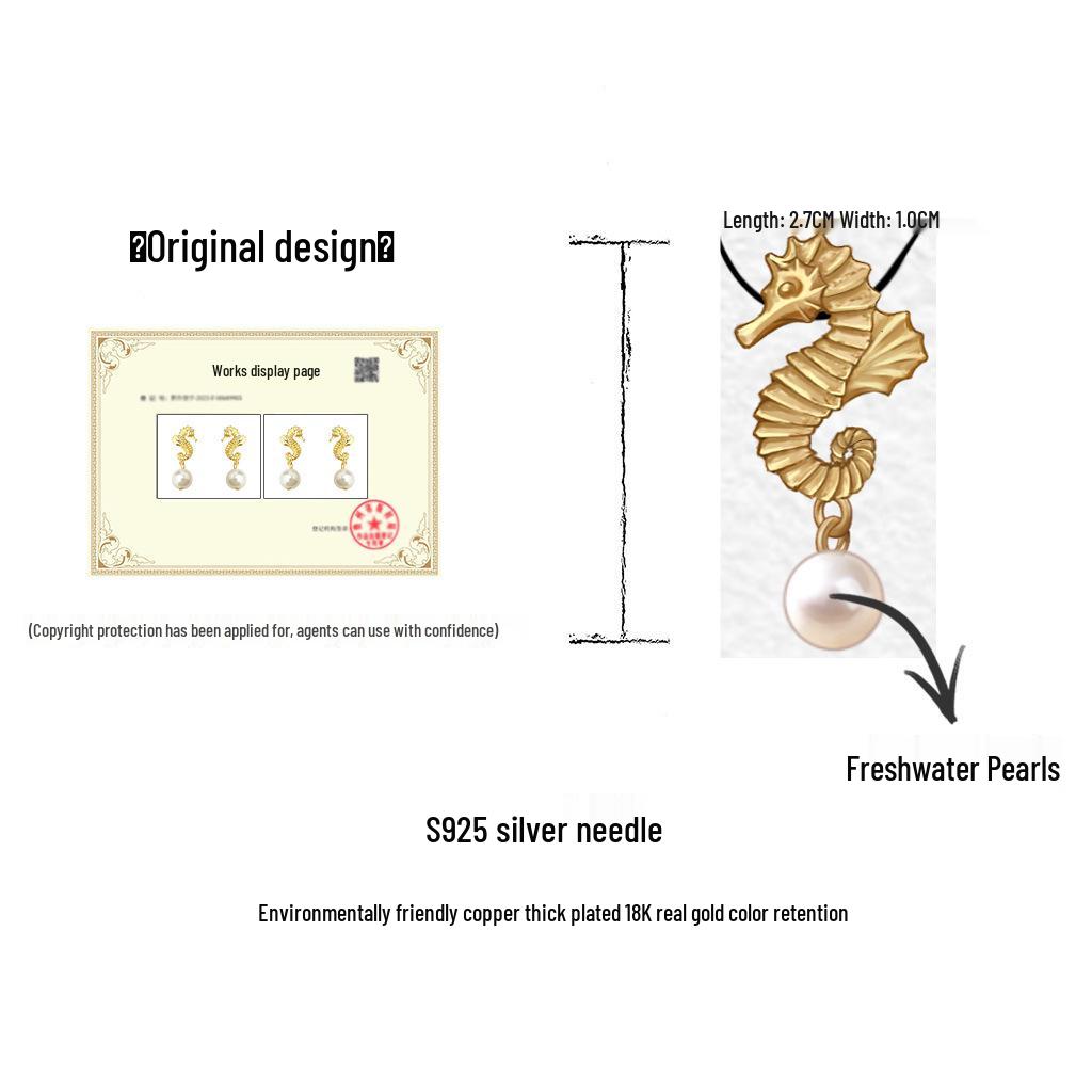 Náušnice z 18karátového zlata s perlou z čerstvé vody ve tvaru mořského koníka - Niche design z oceánské série