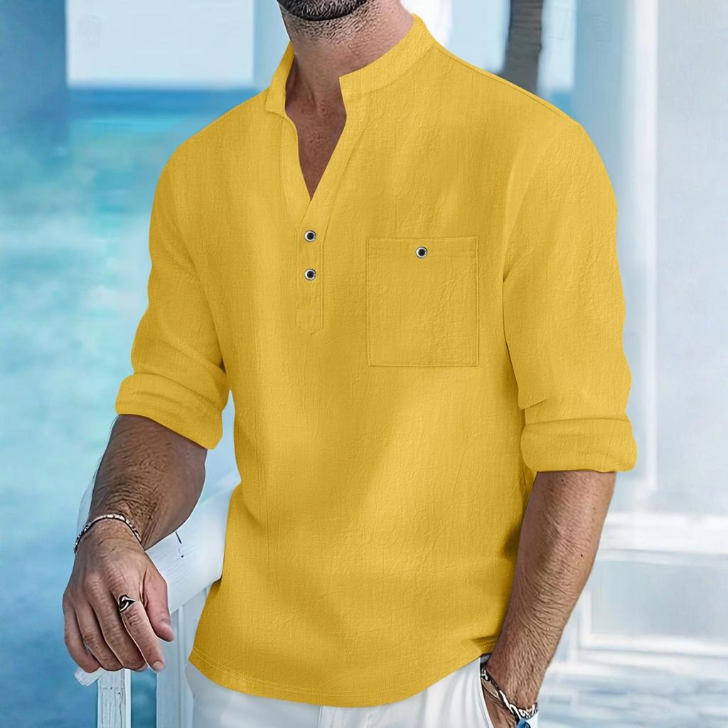 Men's Cotton Linen Long-Sleeve - Loose Fit Stand Collar Pocket Casual Cotton Linen Long-Sleeve Top